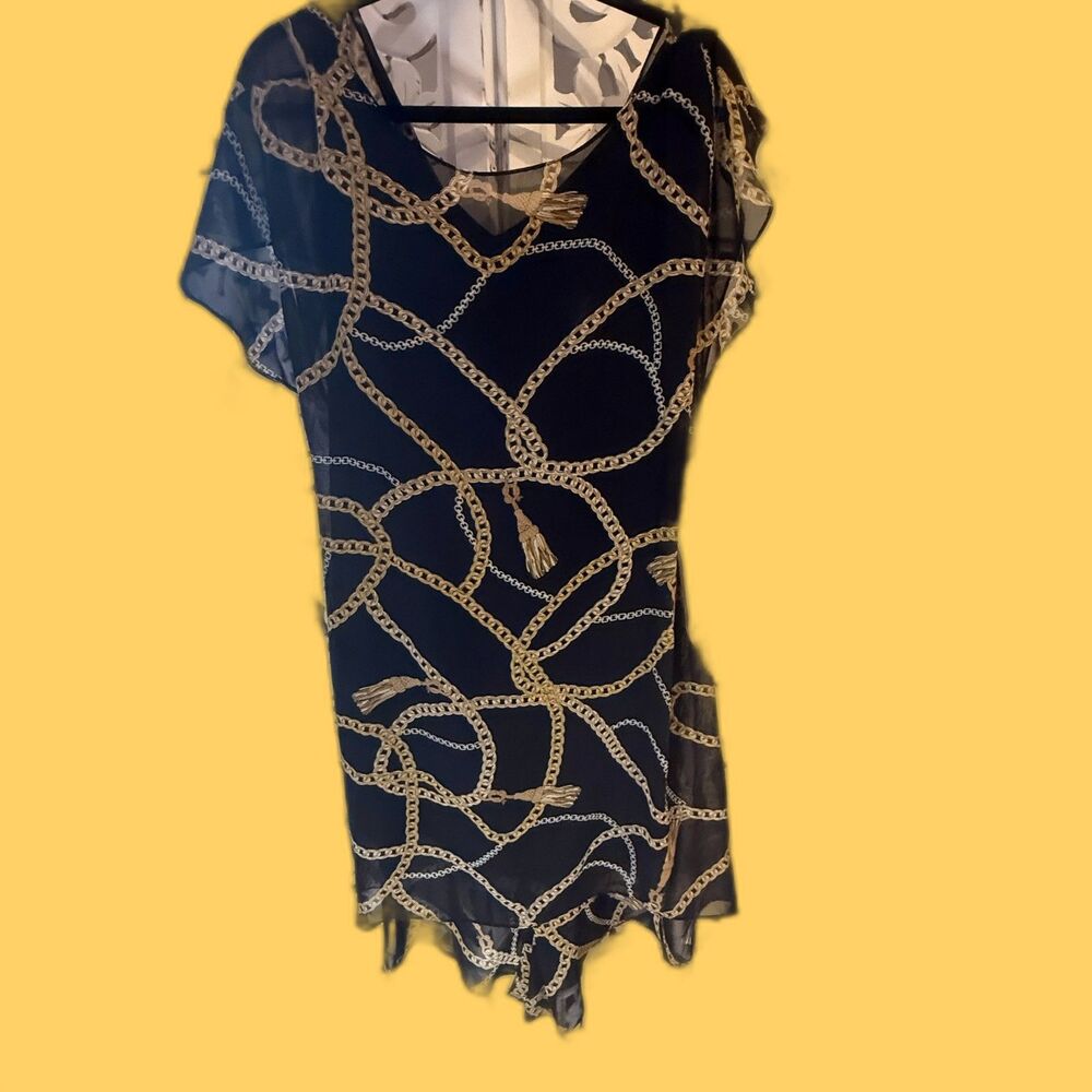 Adrianna Papell black and gold chain print faux-wrap dress New Medium size